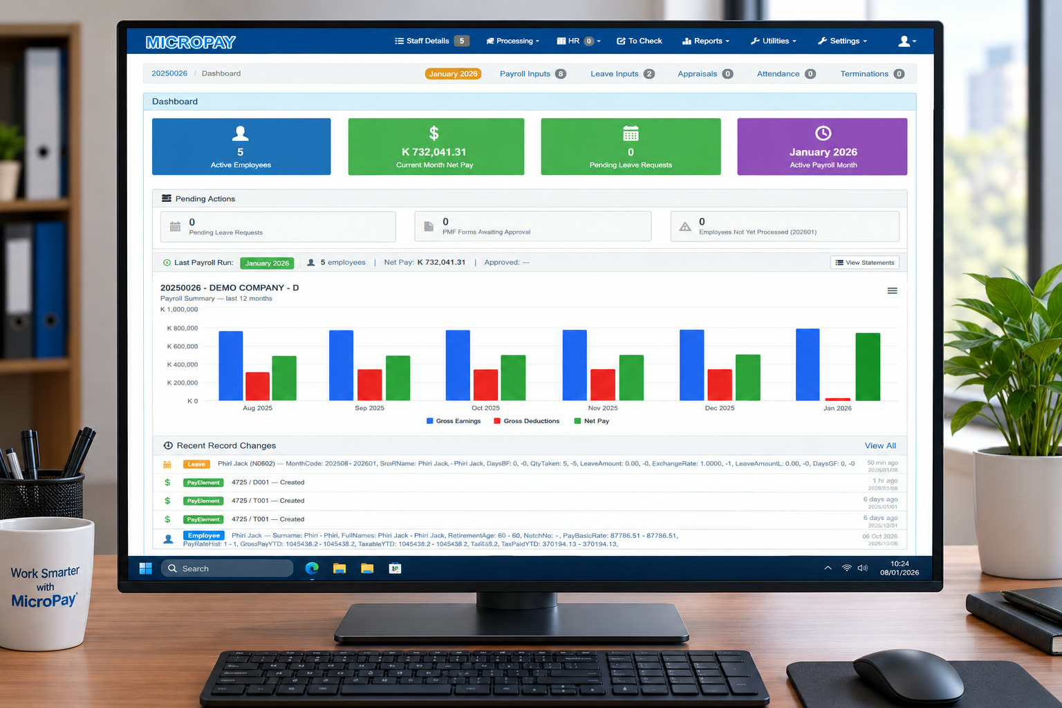Micropay dashboard shown on an office desktop monitor, with active employees, current month net pay, pending leave requests, and a 12-month payroll summary chart